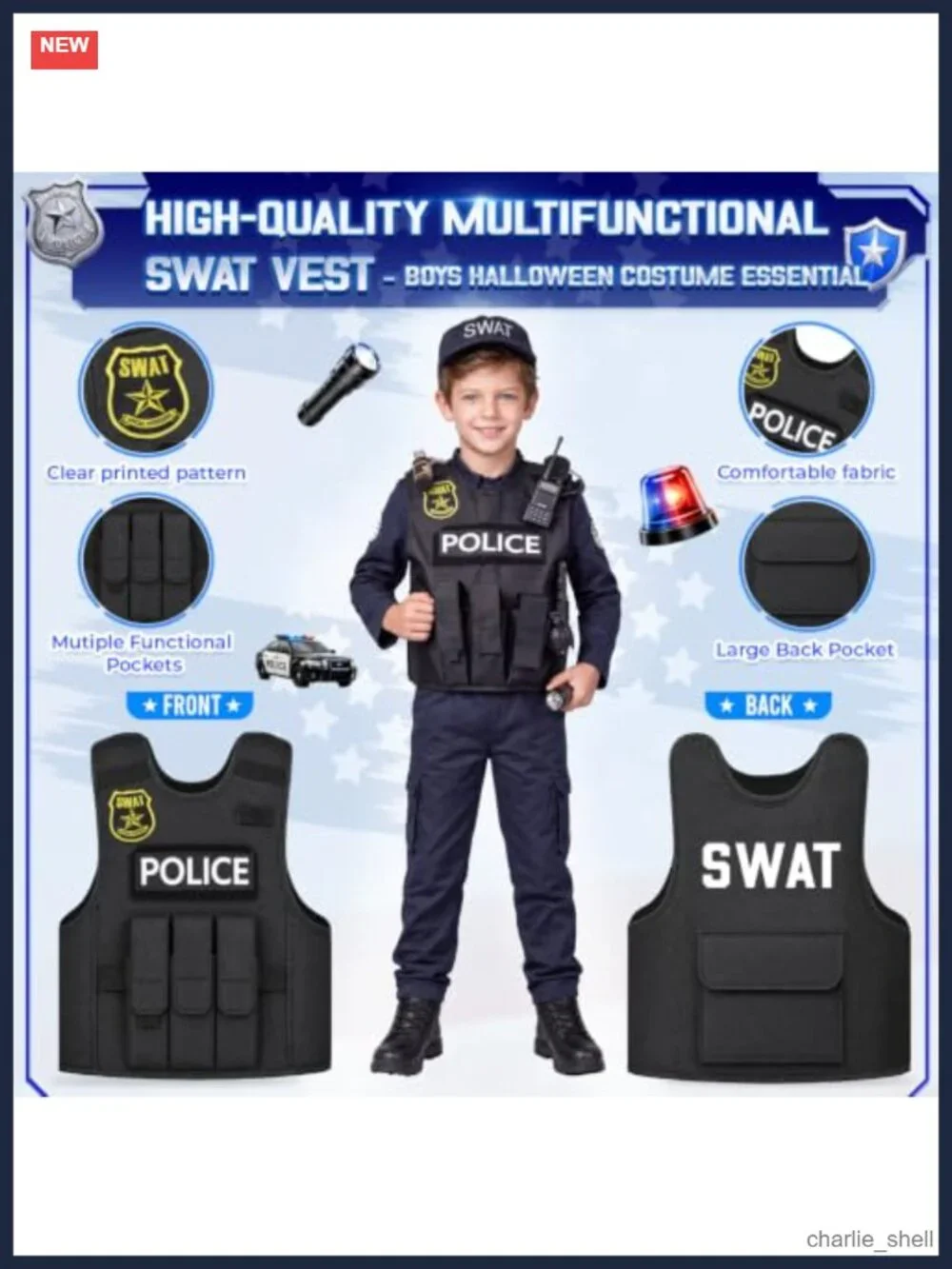 Kids SWAT Police Costume 10-Piece Cop Dress Up Set Halloween Pretend Play